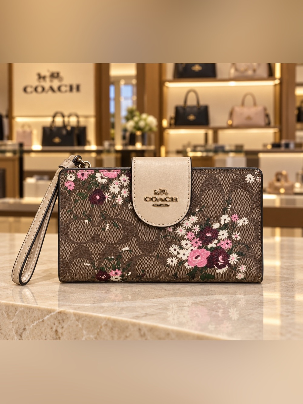 Coach Brown Signature Floral Wristlet Wallet with Floral Accents